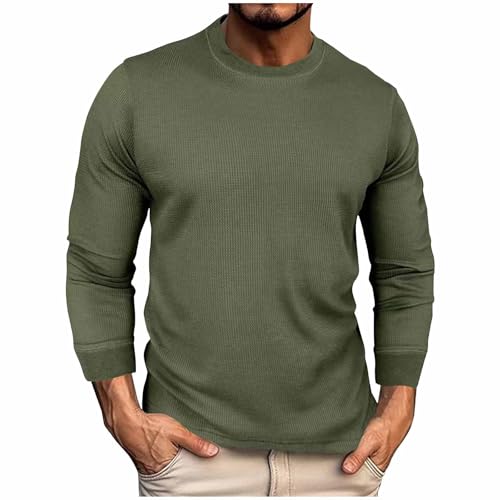Waffle Knit Crewneck Sweatshirt Men Casual T-Shirt Long John Big